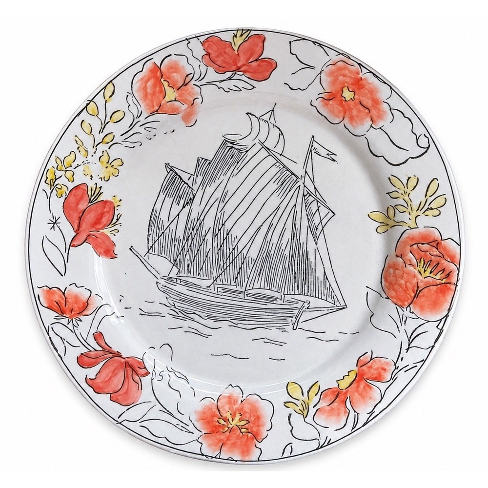 Anthropologie Molly Hatch La Nina Ship Sailboat 11" Plate Orange Floral Coastal